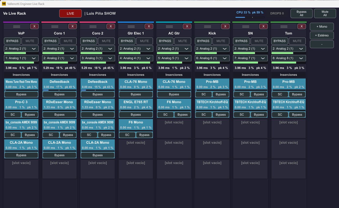 VE Live Rack — vista del rack en directo